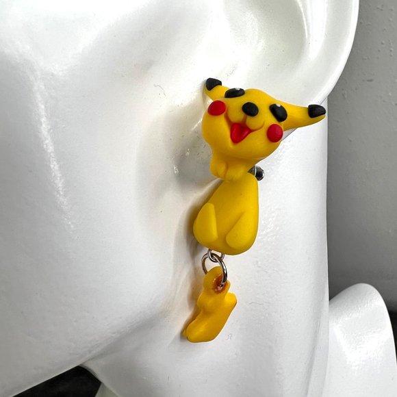 Pokemon Pikachu Earrings Post Back Yellow 2 Piece Style Dangle NWOT - Picture 2 of 6